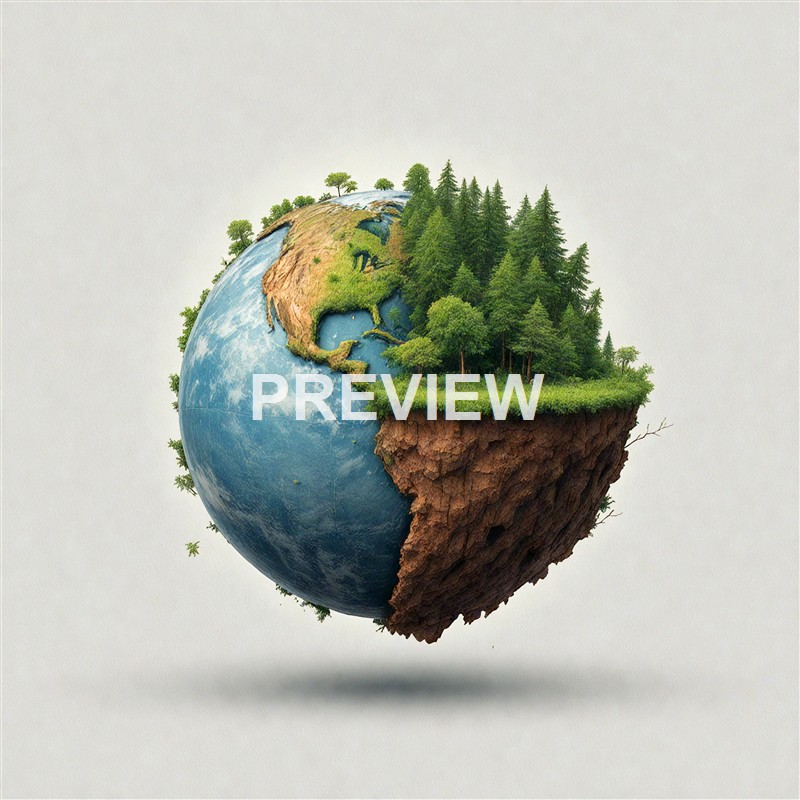 A floating, semi-spherical Earth with lush green forests, mountains, and water bodies on its surface, suspended in mid-air against a plain background.